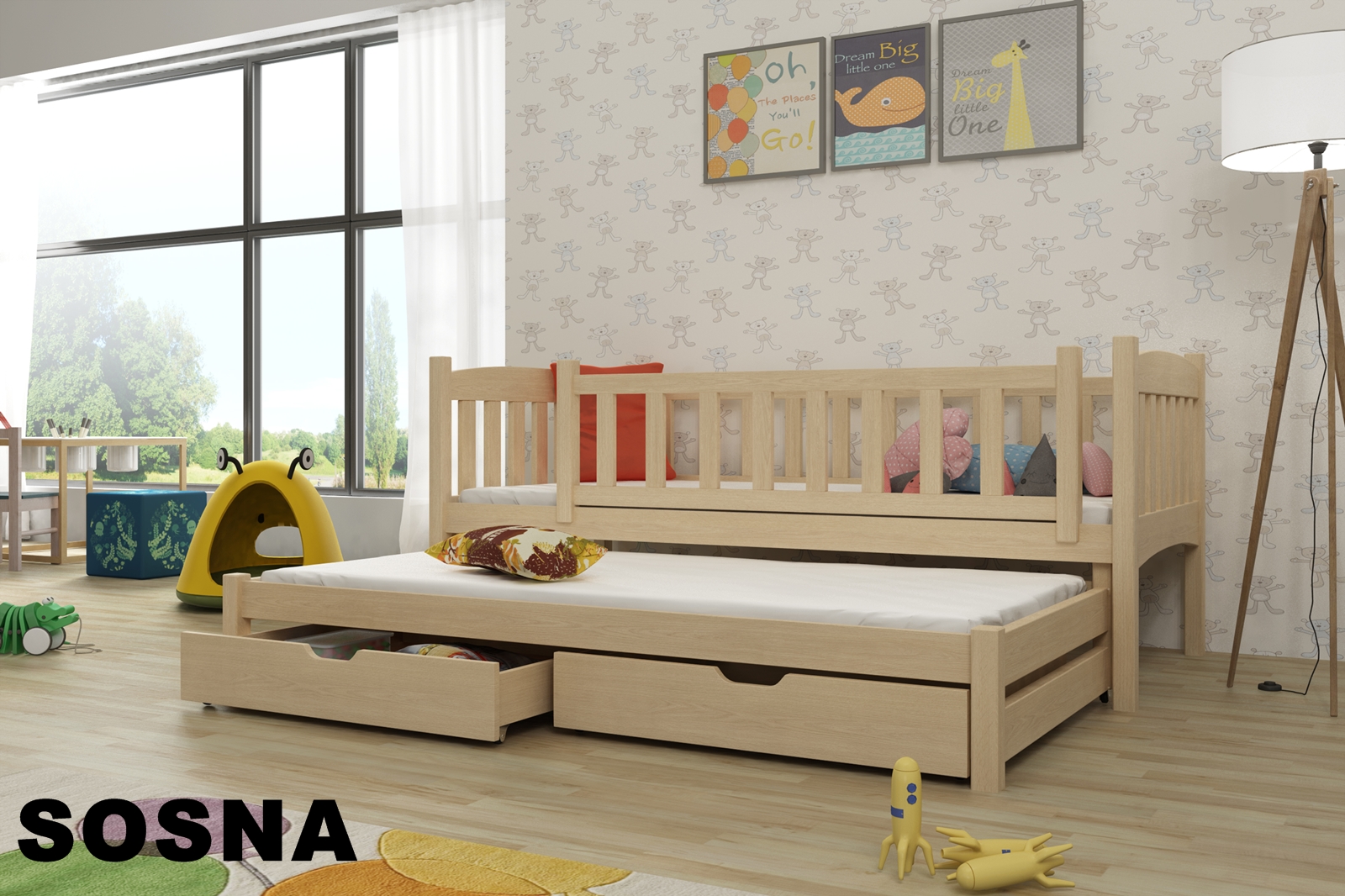 Postel AMÁLKA 90x190  cm s výsuvným lůžkem a úložným prostorem borovice masiv
