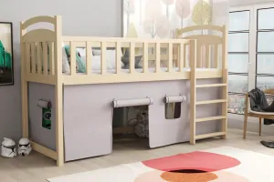 Vyvýšená patrová postel 03 80x180 cm se závěsem borovice masiv - více odstínů