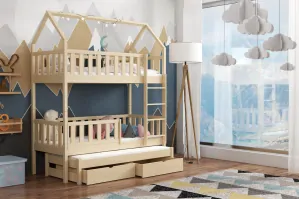 Patrová postel DOMEK 01 OT s přistýlkou 80x180  cm s úložným prostorem borovice masiv - více odstínů