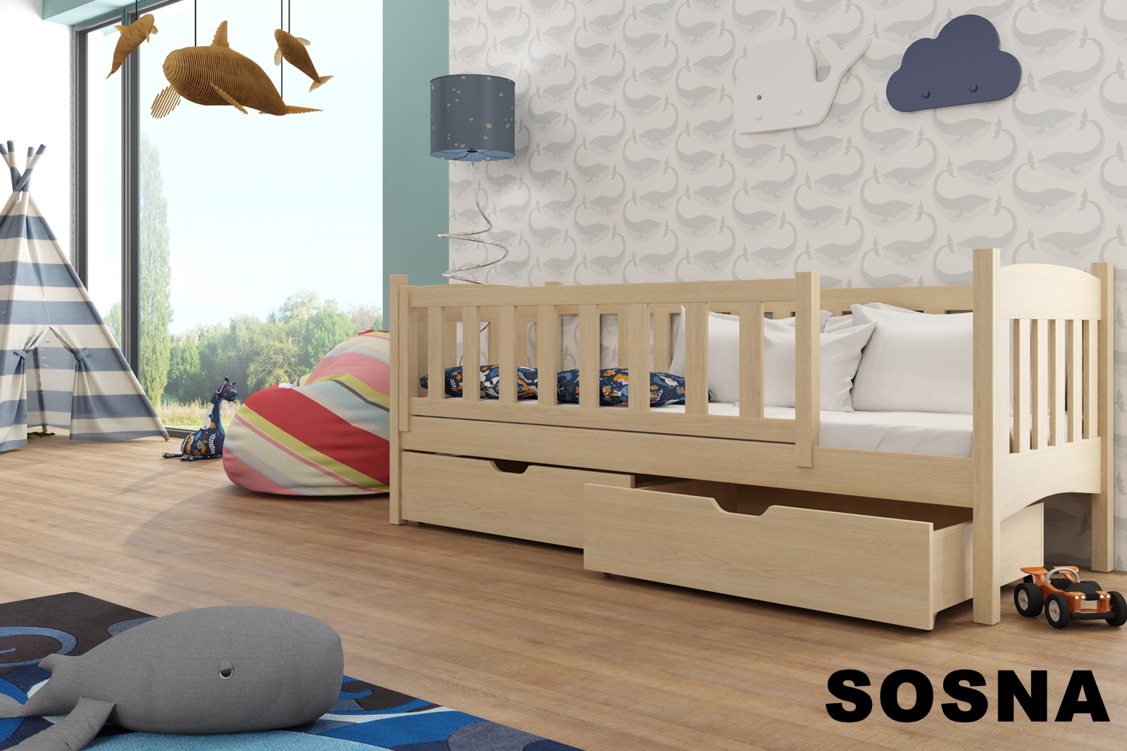 Dřevěná postel GUCI 80x200 cm s úložným prostorem borovice masiv