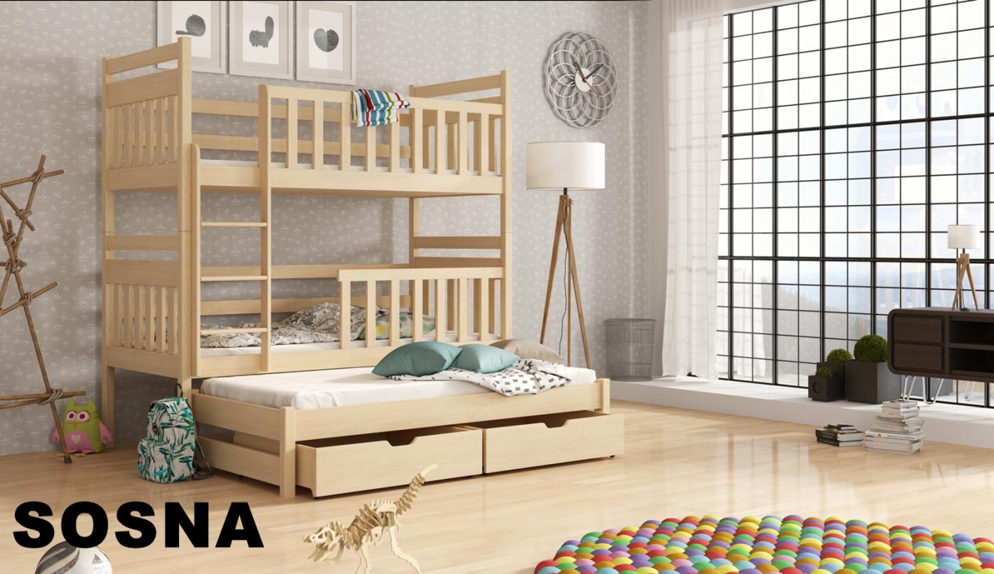 Patrová postel Klára 80x200 cm s přistýlkou a úložným prostorem - přírodní